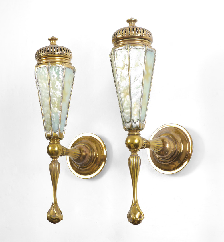 Appraisal: PAIR OF TIFFANY STYLE BRASS WALL SCONCES Heavy brass frame