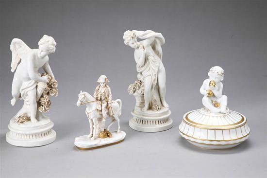 Appraisal: FOUR PORCELAIN PIECES Pair of small statues possibly one Cupid