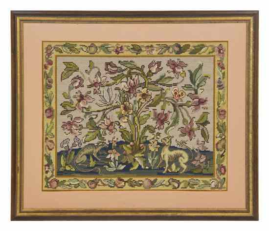 Appraisal: An English Needlepoint Picture depicting mythical beasts beside a flowering