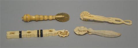 Appraisal: THREE IVORY PIE CRIMPERS Each with crimping wheel and turned