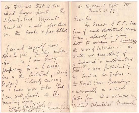 Appraisal: THE FATHER OF FINGERPRINTS GALTON FRANCIS Autograph Letter Signed to