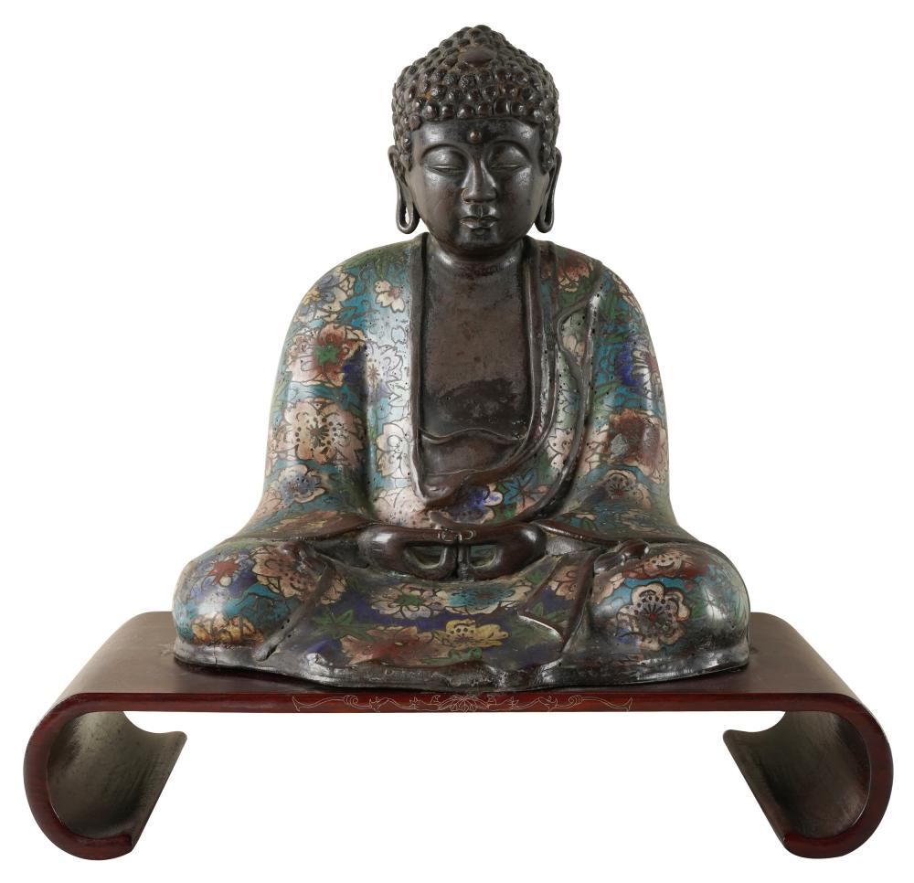 Appraisal: CLOISONNE BUDDHA FIGUREwith a lacquered wood stand Condition possible repairs