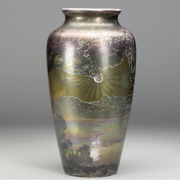 Appraisal: WELLER La Sa vase with lake landscape Shallow spider line