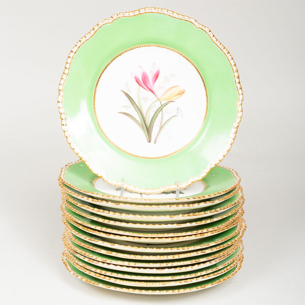 Appraisal: Set of Fourteen English Green Ground Porcelain Dessert Plates Decorated