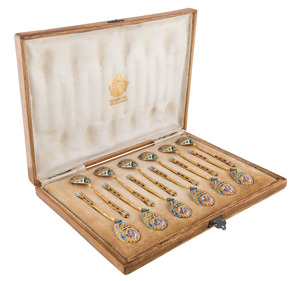 Appraisal: A SET OF TWELVE RUSSIAN SILVER GILT AND CLOISONNE ENAMEL