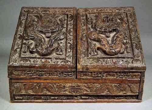 Appraisal: An early th Century Chinese stained wood stationery box carved