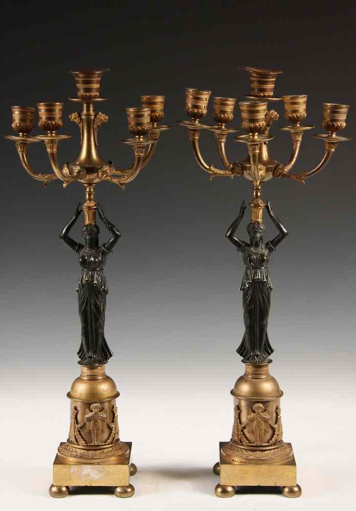 Appraisal: PAIR REGENCY CANDELABRA - Pair of Regency Gilt and Patinated