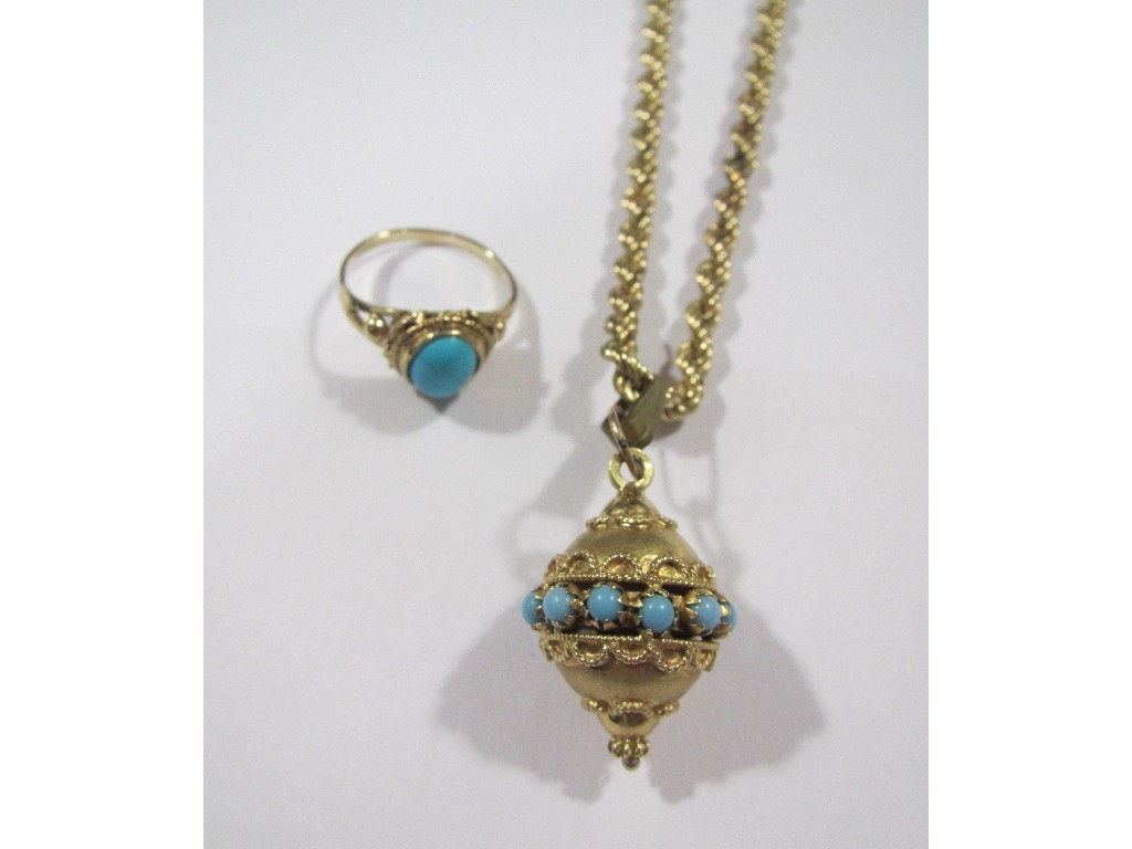 Appraisal: Victorian yellow metal turquoise set pendant on ct gold rope