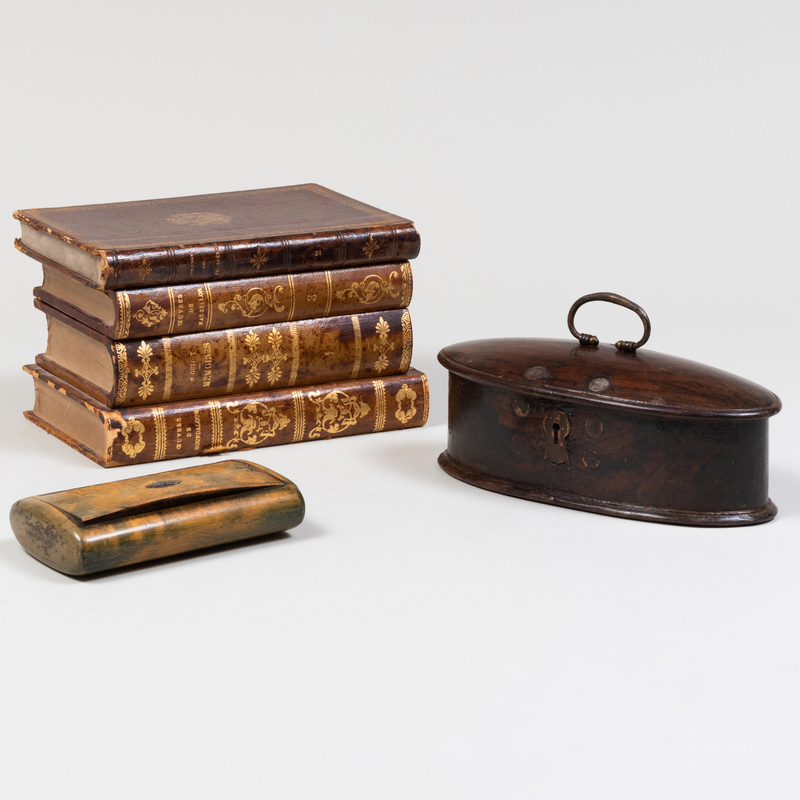 Appraisal: Leather Wrapped Book Form Tantalus and Two Wood Boxes The