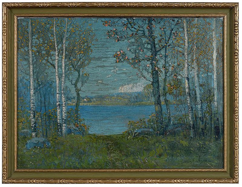 Appraisal: Svend Svendsen Illinois Norway - Lake Scene with Birch Trees