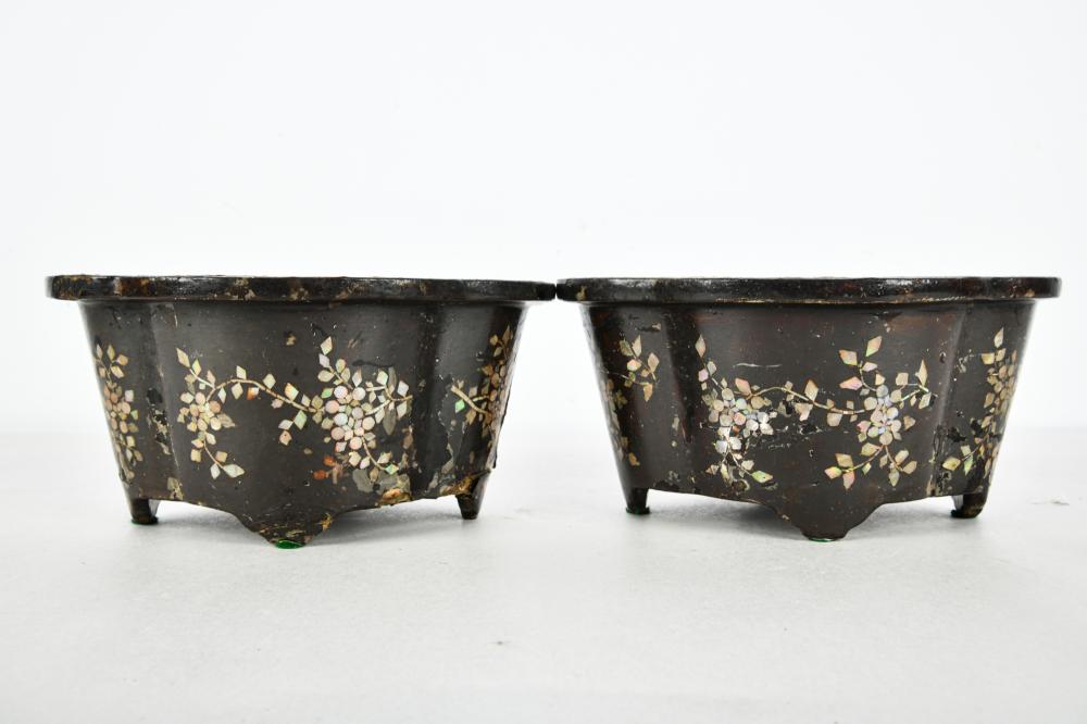 Appraisal: PAIR CHINESE LACQUERED JARDINIERESinlaid with mother-of-pearl Condition with heavy loss