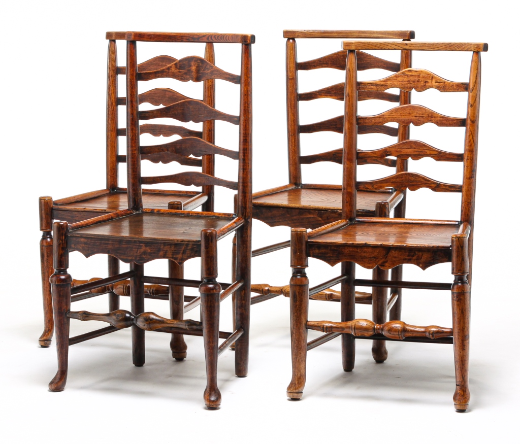 Appraisal: FOUR ENGLISH LADDERBACK SIDE CHAIRS Late th-early th century yew