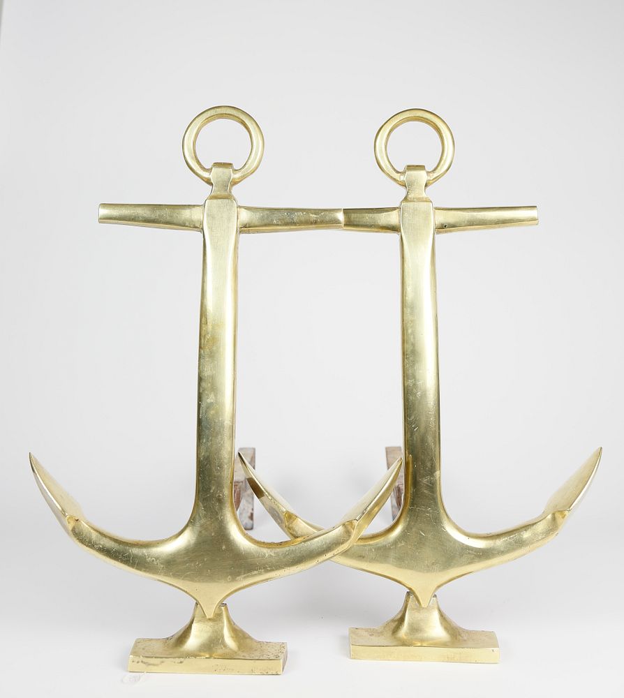 Appraisal: Pair of Brass Anchor Andirons Mid Century Pair of Brass