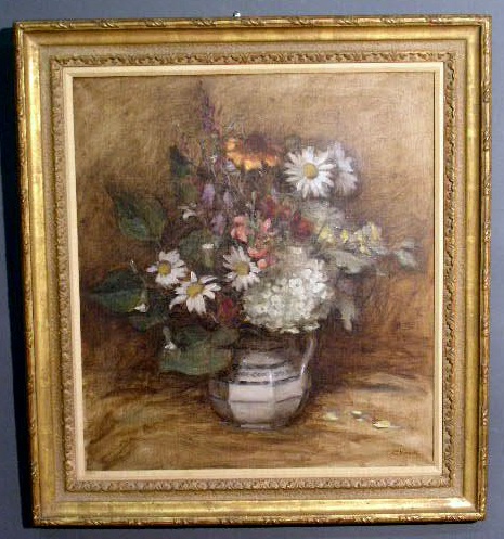 Appraisal: Oil on canvas still life painting of flowers signed Clark