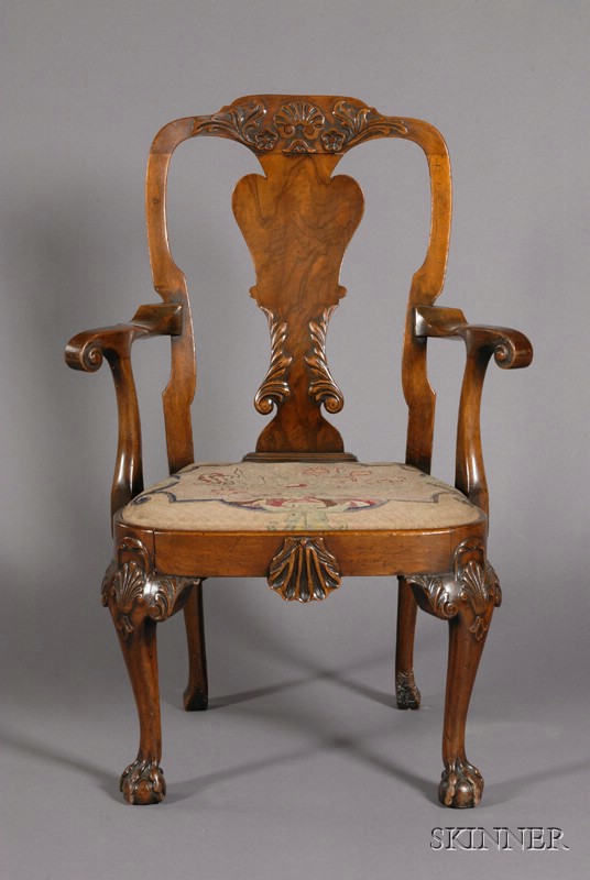 Appraisal: Mid-Georgian Style Carved Walnut and Needlepoint Upholstered Open Armchair late