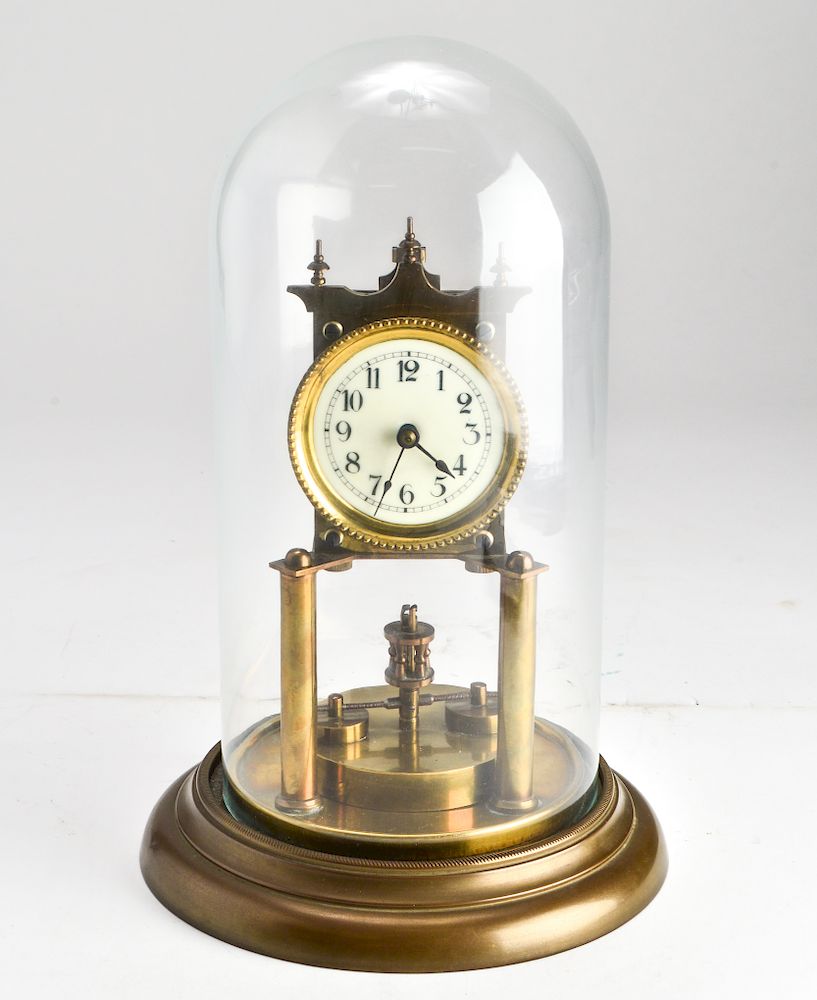 Appraisal: Mantel Brass Clock with Glass Cloche Dome Vintage brass mantel