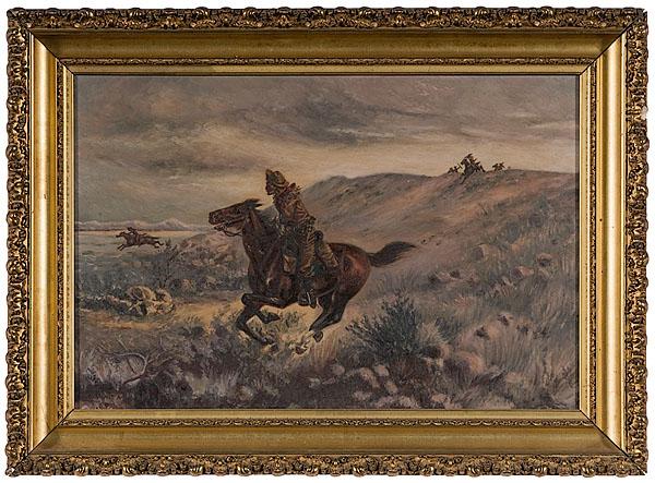 Appraisal: AMERICAN COWBOY SCENE Oil on canvas illegible signature and dated