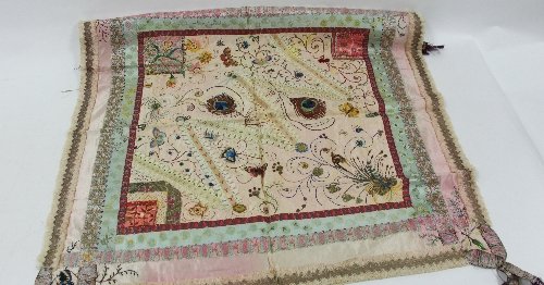 Appraisal: A square of patchwork and woven needle-work finely embroidered butterflies