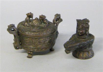 Appraisal: Japanese brass koro and Indian bronze item Koro of circular