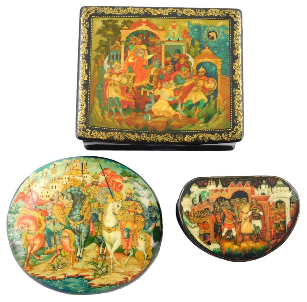 Appraisal: Russian hand-painted lacquer boxes group of three intricately painted soldier