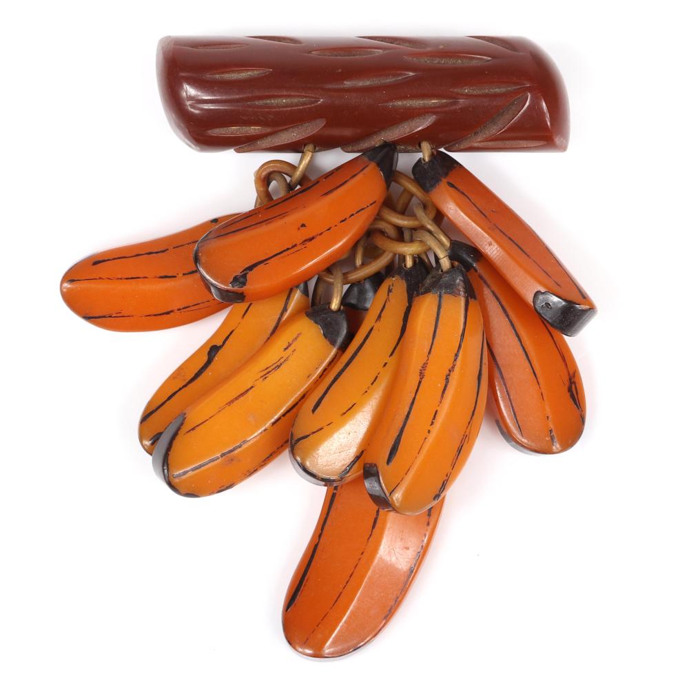 Appraisal: VINTAGE BAKELITE BANANA BUNCH FRUIT DANGLE BROOCH WITH CARVED AND