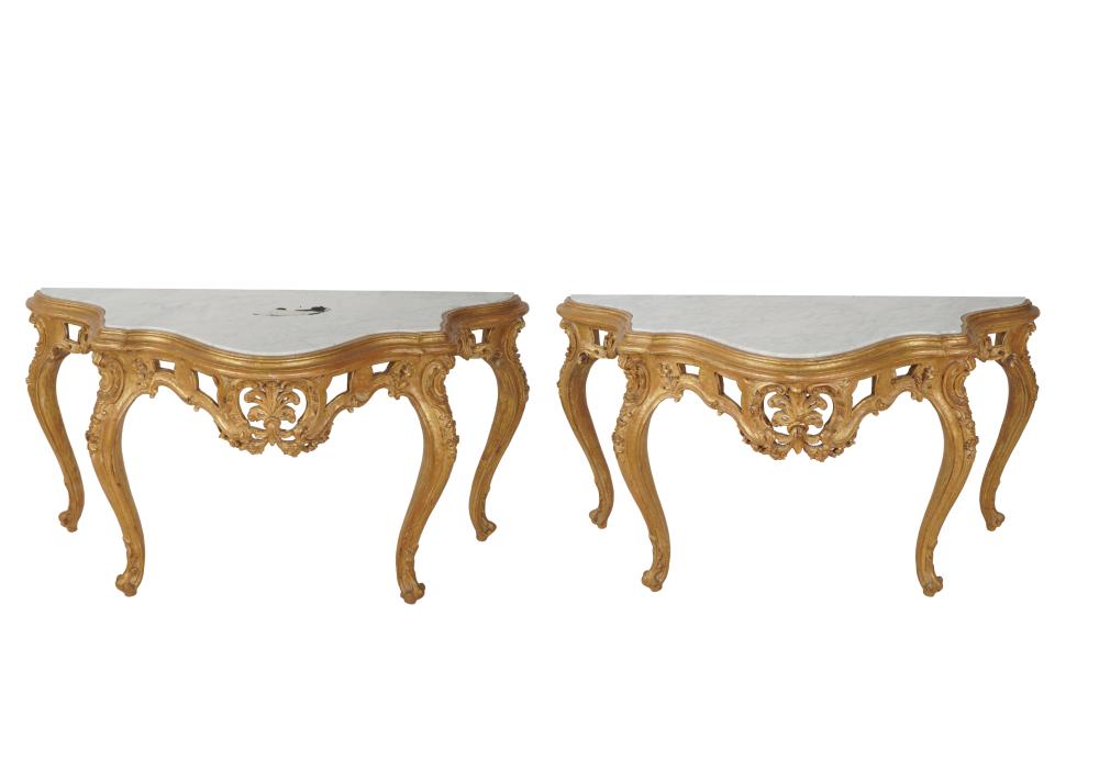 Appraisal: PAIR OF LOUIS XV-STYLE MARBLE-TOP CONSOLESlate th century Provenance Chuck