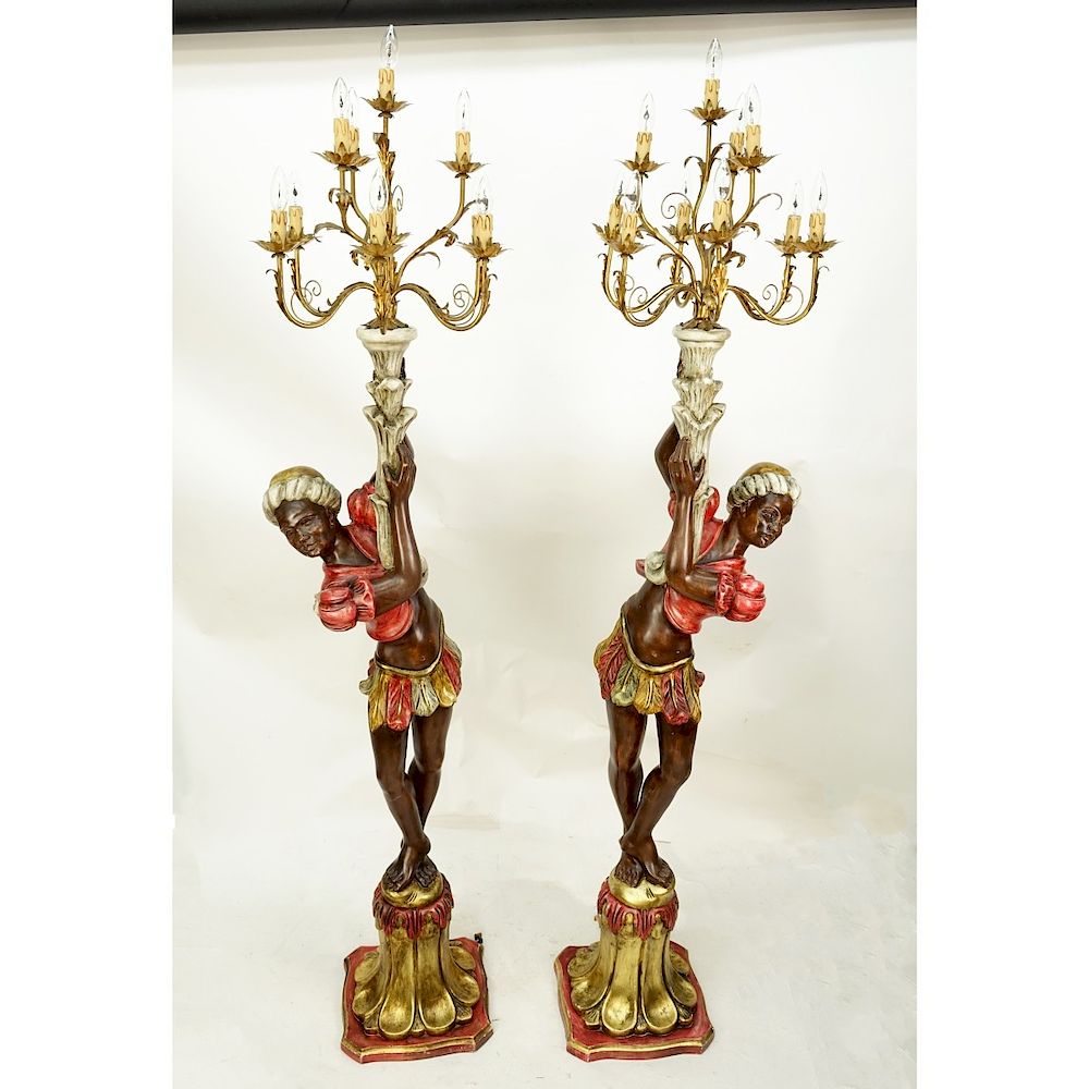 Appraisal: Pair of Blackamoor Torchieres Pair of Mid Century Polychrome Wood