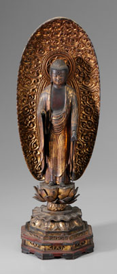 Appraisal: Carved Gilt Wood Buddha Japanese th century three-part construction finely