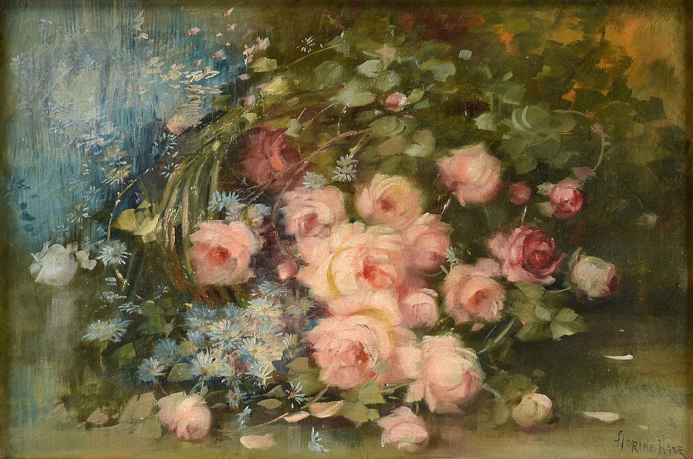 Appraisal: FLORINE HYER American - A PAINTING Pink Roses and Blue