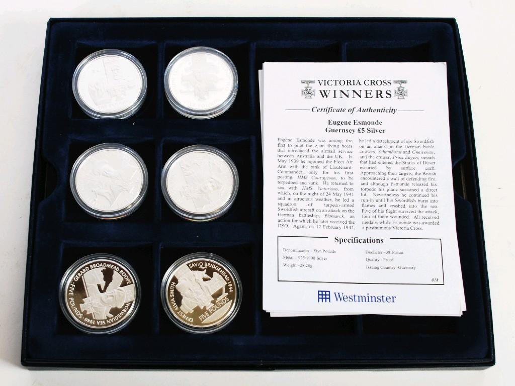 Appraisal: SIX WESTMINSTER 'VICTORIA CROSS WINNERS' PROOF SILVER FIVE POUND COINS