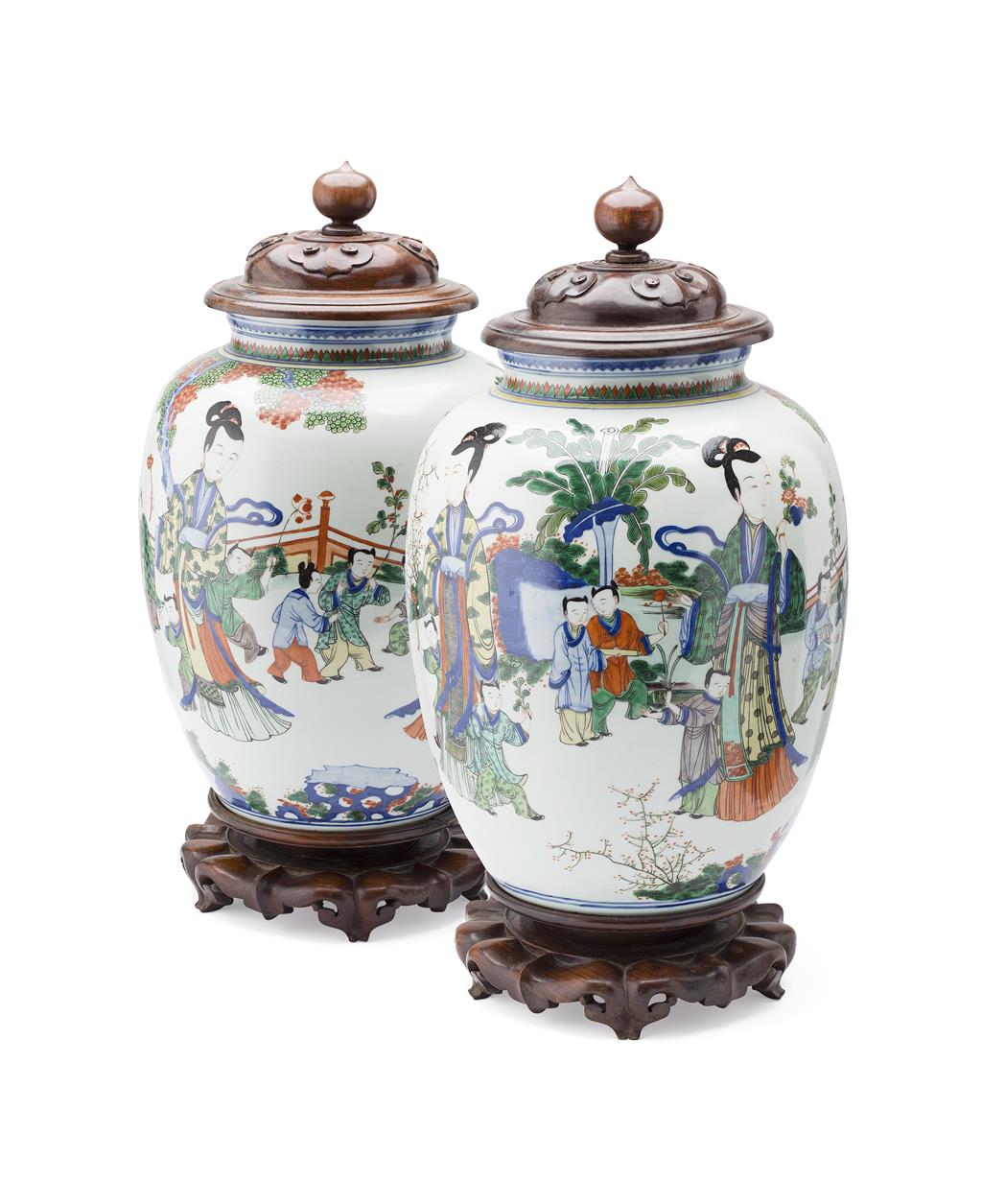 Appraisal: PAIR OF LARGE WUCAI JARS LATE QING DYNASTY decorated in