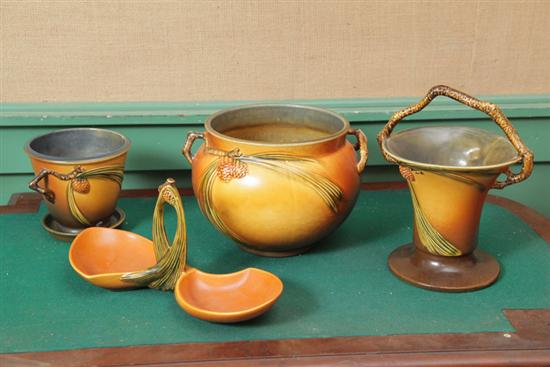 Appraisal: FOUR PIECES OF ROSEVILLE POTTERY All in brown Pine Cone