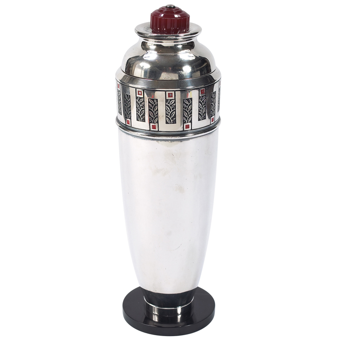 Appraisal: International Silver cocktail shaker stainless form with enameled decoration red