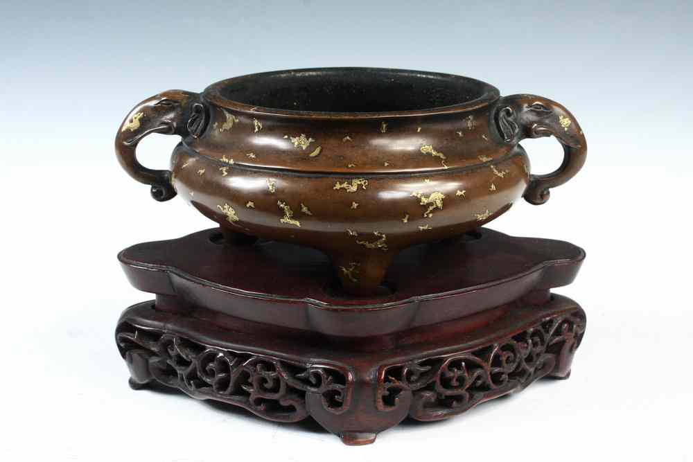 Appraisal: CHINESE BRONZE GOLD CENSER - Chinese Open Censer on three