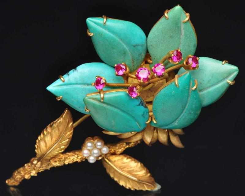 Appraisal: K Y Gold Pin with Turquoise Leaves Also with pearls