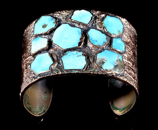 Appraisal: Signed Navajo Solid Copper Turquoise Cuff Offered for sale in