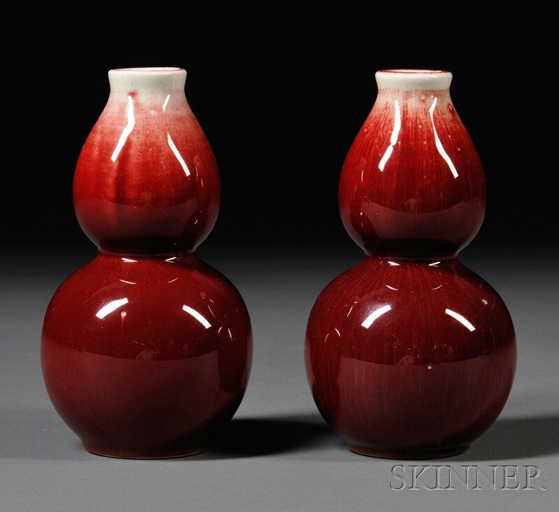 Appraisal: Three Porcelain Items China a pair of flambe gourd vases