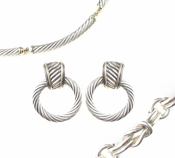 Appraisal: A group of silver jewelry featuring one cable collar necklace