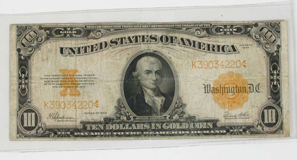 Appraisal: Large Note Gold Certificate Good Condition