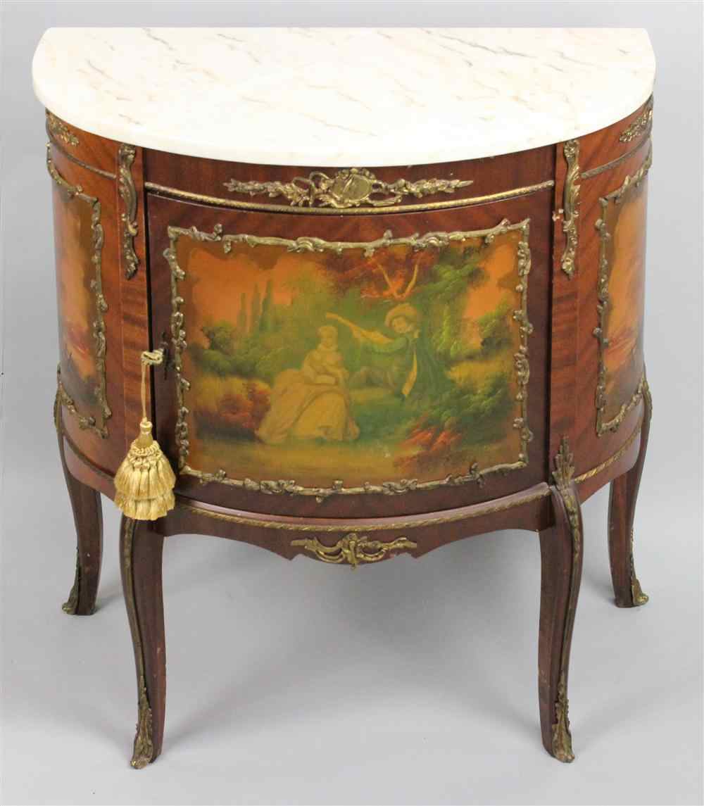 Appraisal: LOUIS XV STYLE DEMILUNE MARBLE TOP SIDE TABLE having a