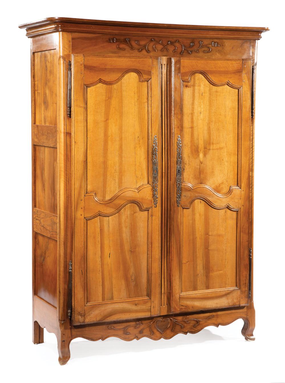 Appraisal: Antique Louis XV-Style Fruitwood Armoire cove molded cornice spur paneled