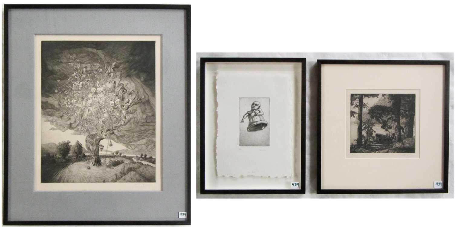 Appraisal: THOMAS WOOD THREE ETCHINGS Washington born Skedans boat landscape The