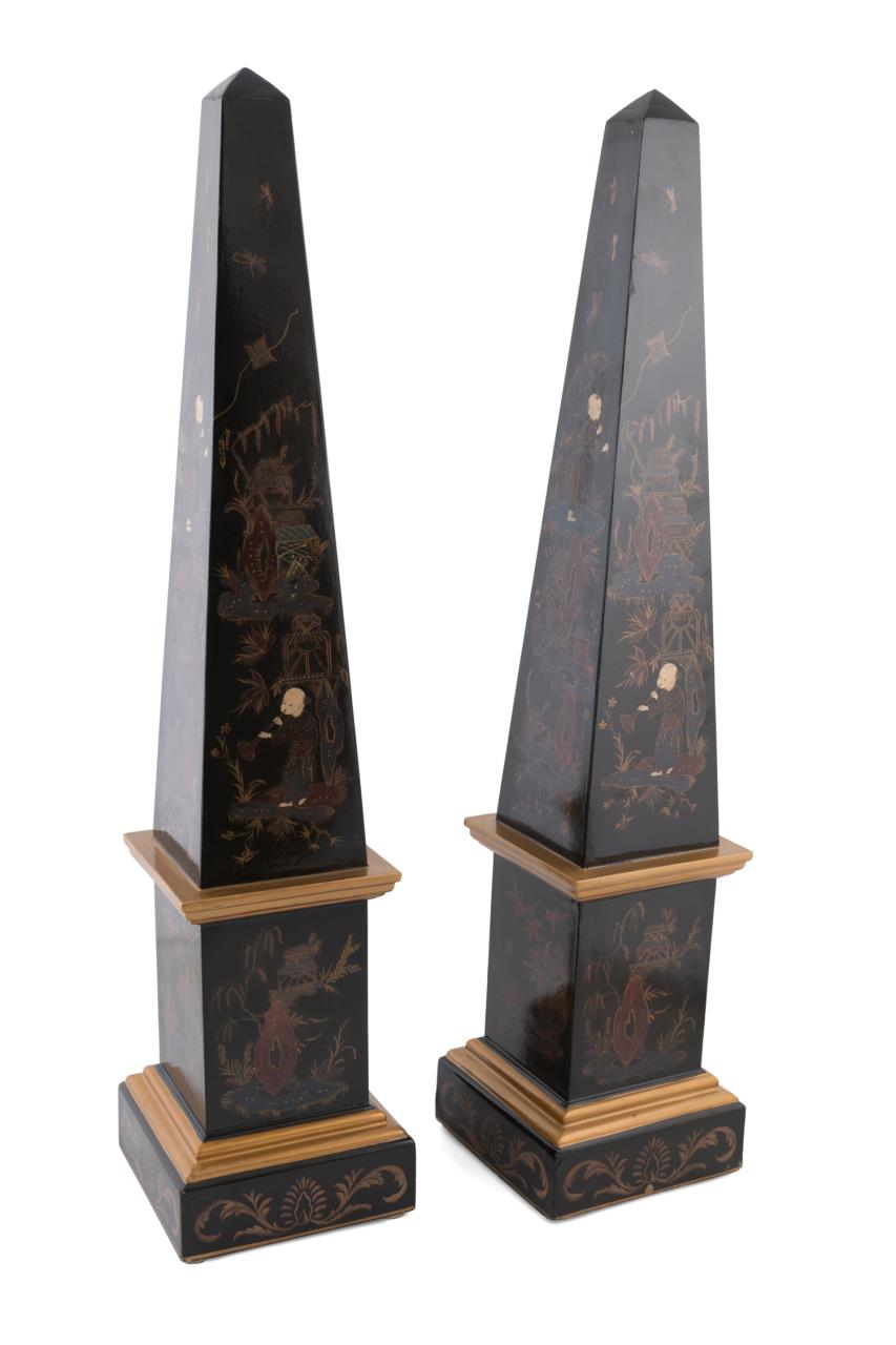 Appraisal: PAIR OF CHINOISERIE FIGURAL DECORATED OBELISKS Pair of large manufactured