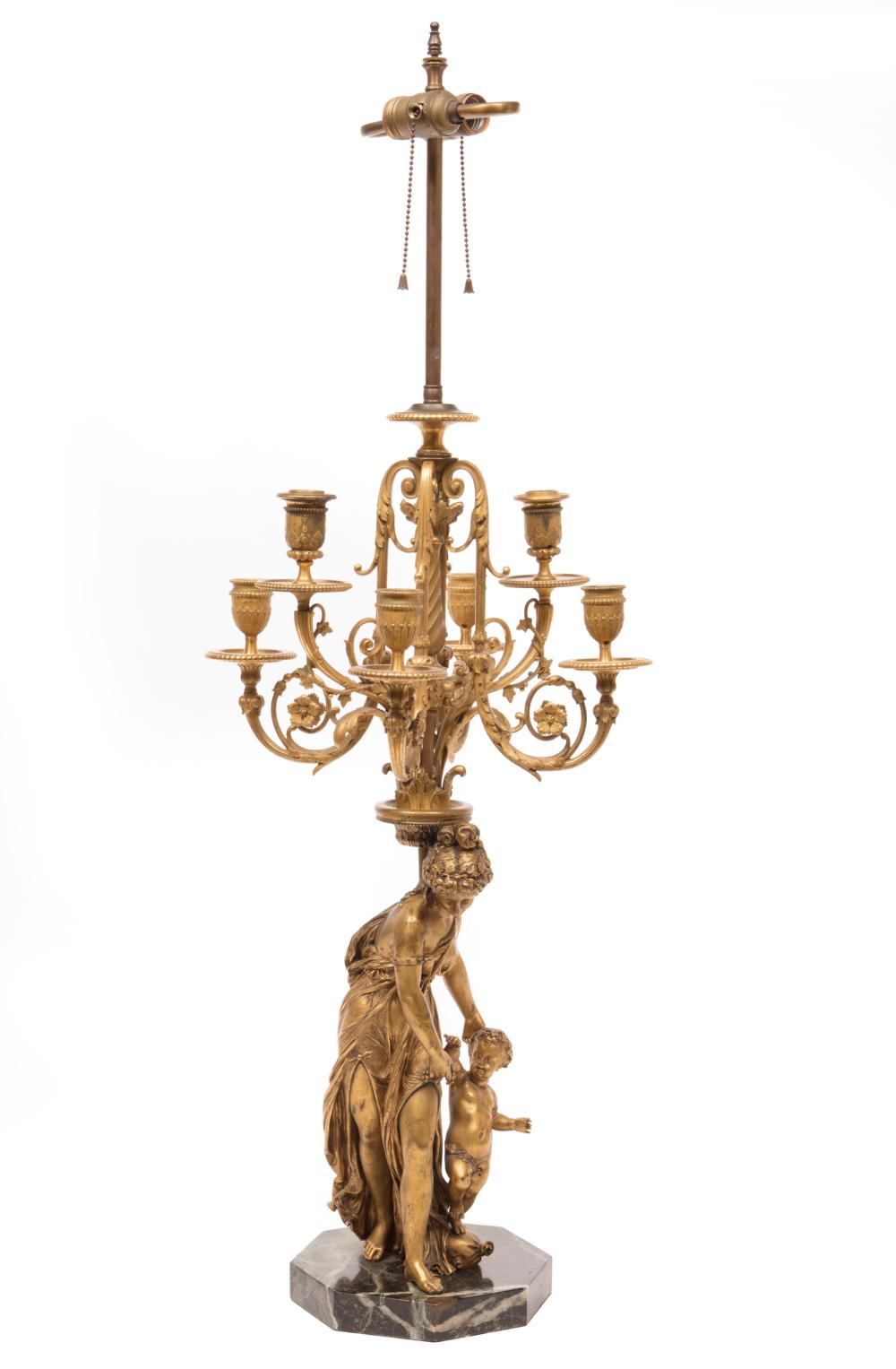 Appraisal: Napoleon III Gilt Bronze Six-Light Figural Candelabra now mounted as