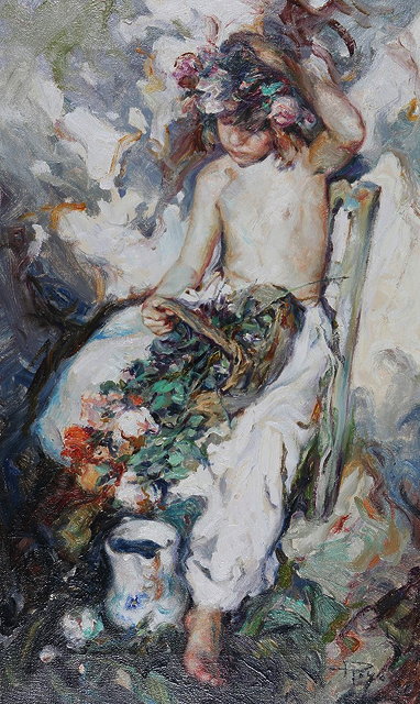 Appraisal: JOS ROYO b A seated child with basket of flowers