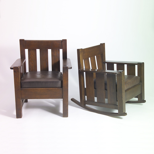 Appraisal: PHOENIX Armchair and rocker with broad slats to back and