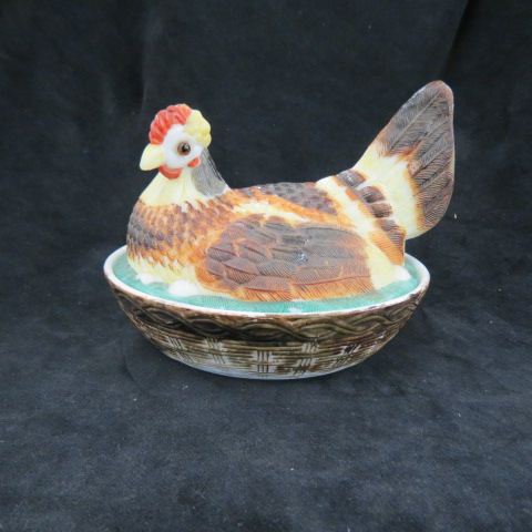 Appraisal: Handpainted Milk Glass Hen Covered Dish glass eyes sitting on