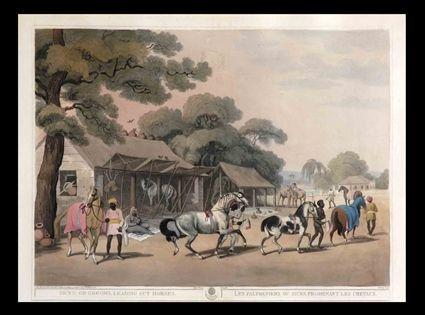 Appraisal: SICS OR GROOMS LEADING OUT HORSES Hand-colored engraving x in