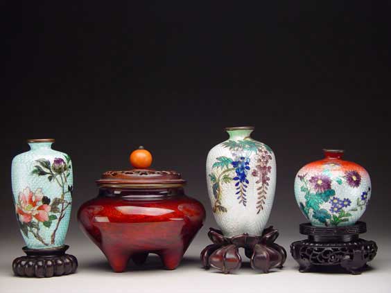 Appraisal: FOUR MINIATURE CLOISONN ENAMELS Three Japanese ginbari cloisonn enamel vases