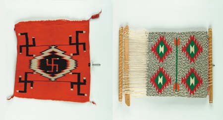 Appraisal: TWO INDIAN STYLE WEAVINGS x red mat with five swastikas